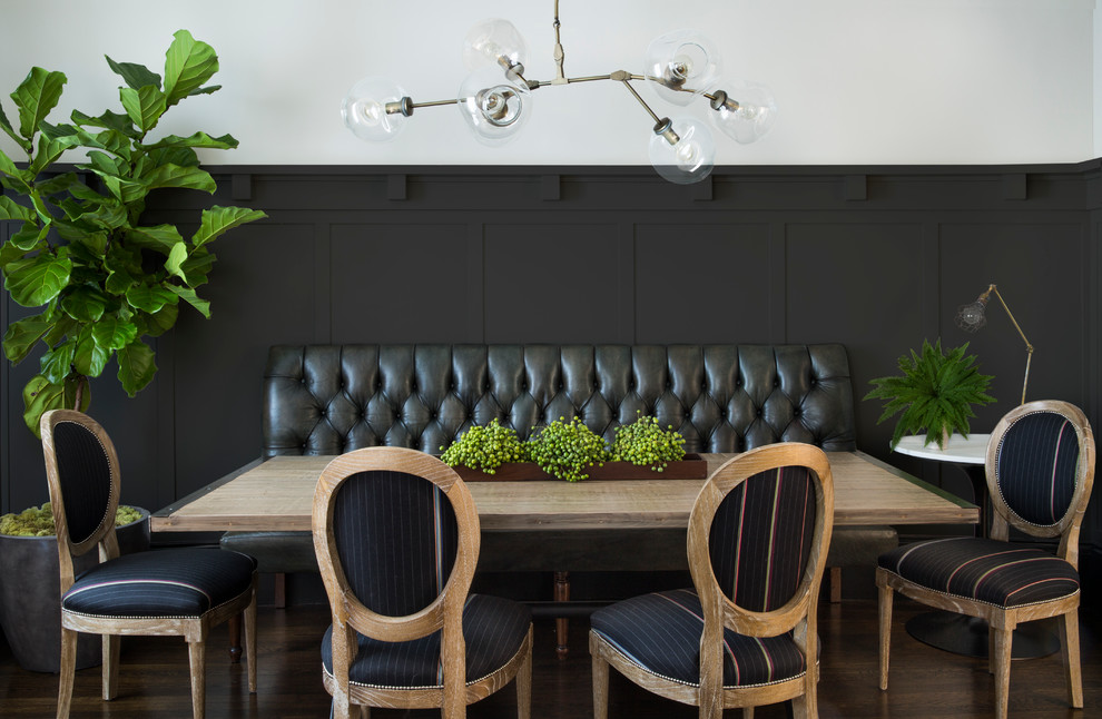 This is an example of a transitional dining room in San Francisco with medium hardwood floors and black walls.