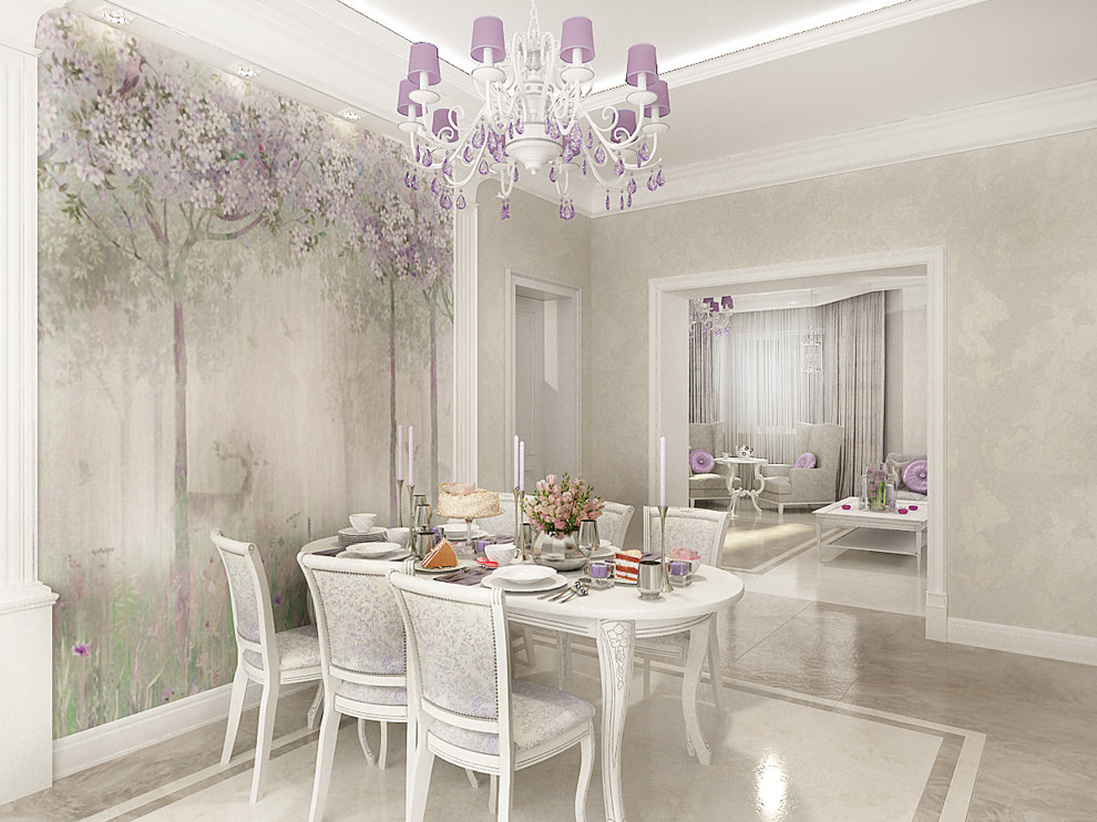 Кухня и гостиная в светлых тонах с сиреневыми акцентами