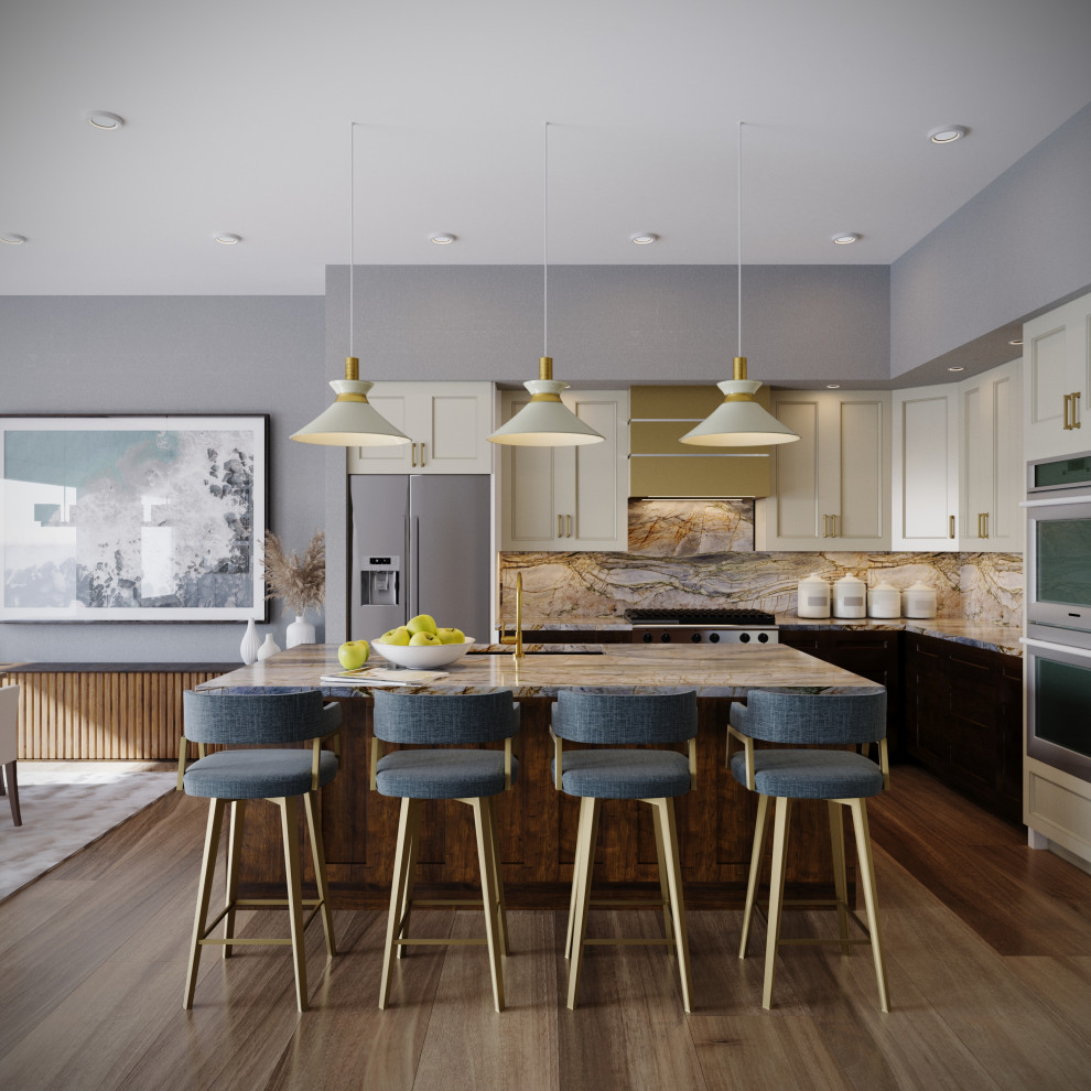 Large transitional l-shaped vinyl floor and brown floor eat-in kitchen photo in Seattle with an undermount sink, shaker cabinets, white cabinets, quartzite countertops, beige backsplash, stone slab backsplash, stainless steel appliances and beige countertops