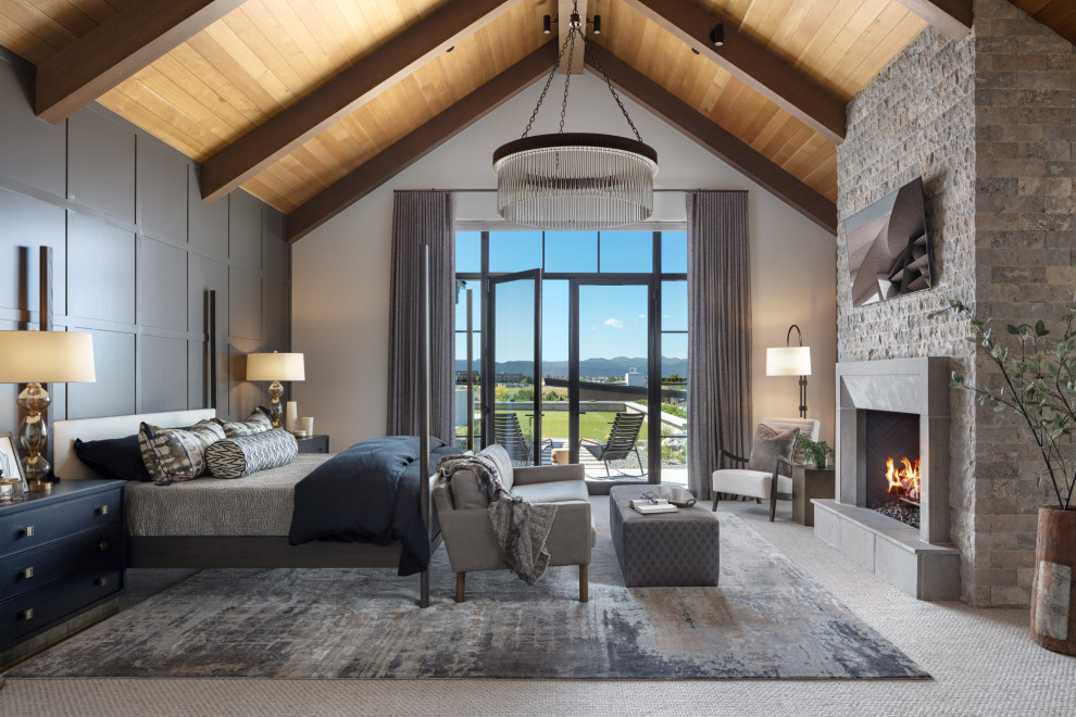 Primary Bedroom Luxury Design with Fireplace, Lofted Ceilings, Moody ...