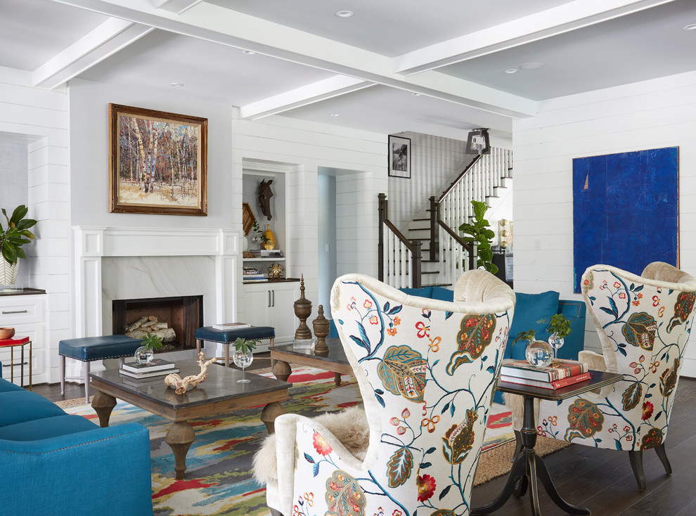 Inspiration for a timeless formal and open concept dark wood floor and brown floor living room remodel in Houston with white walls, a standard fireplace and a stone fireplace
