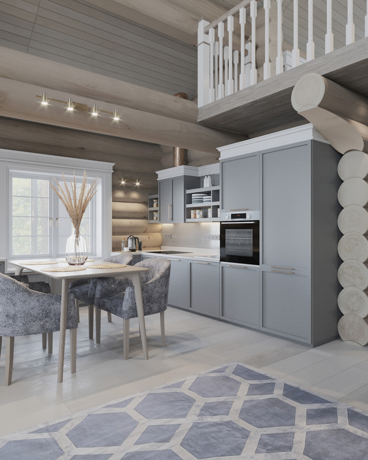 Проект интерьера загородного бревенчатого дома в стиле неоклассика