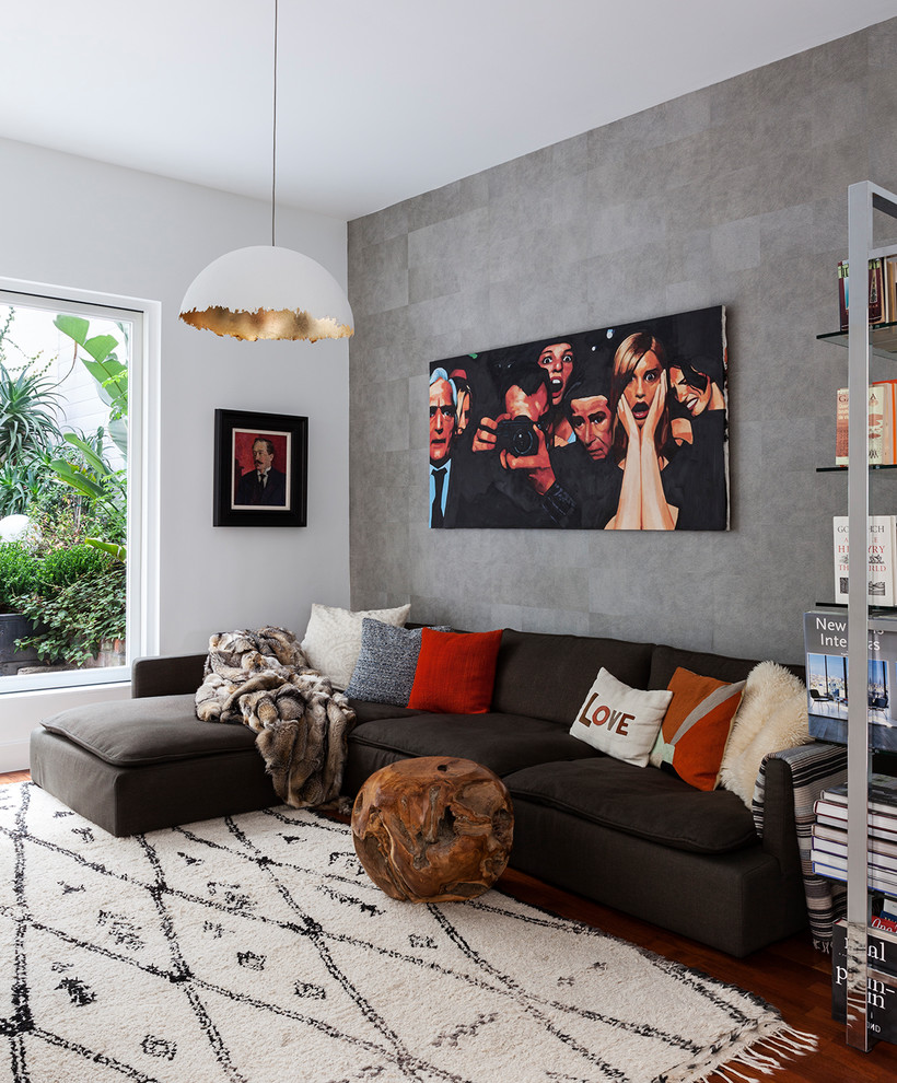 Trendy dark wood floor family room photo in San Francisco with gray walls