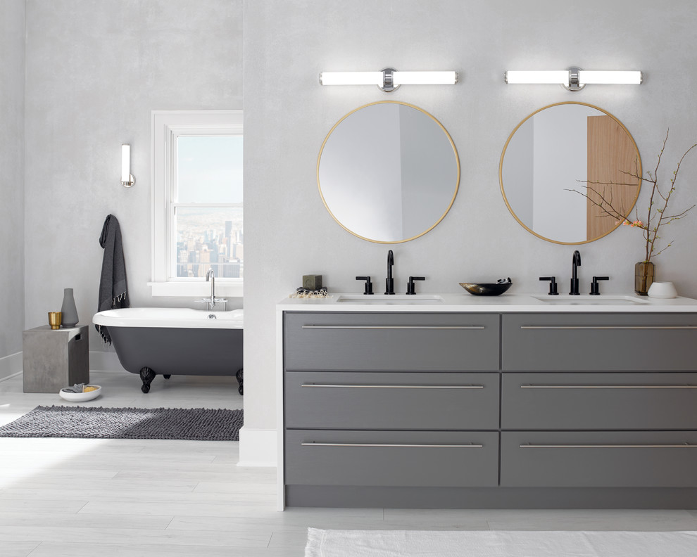 Источник вдохновения для домашнего уюта: ванная комната в стиле ретро с белой столешницей, серыми фасадами и ванной на ножках