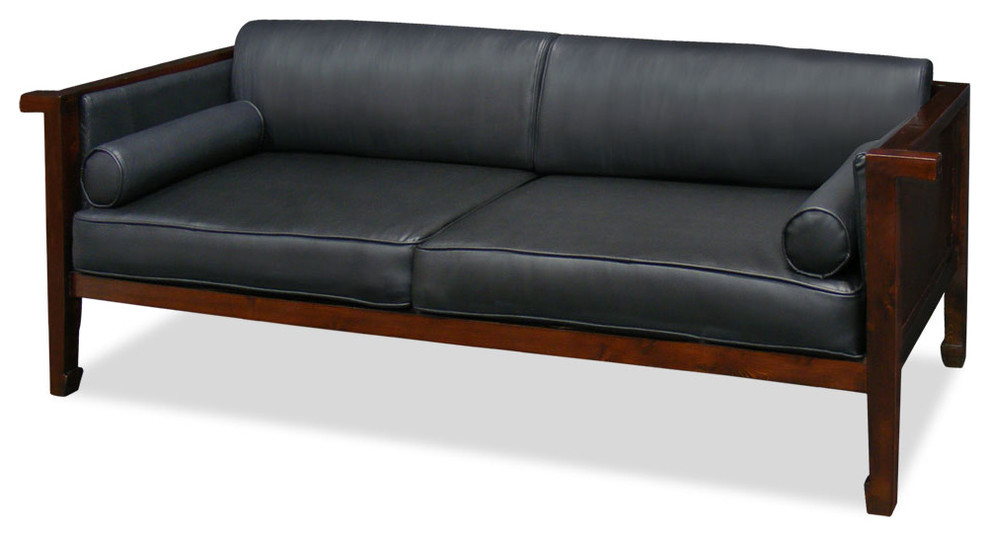Mulan Elmwood Black Leather Sofa