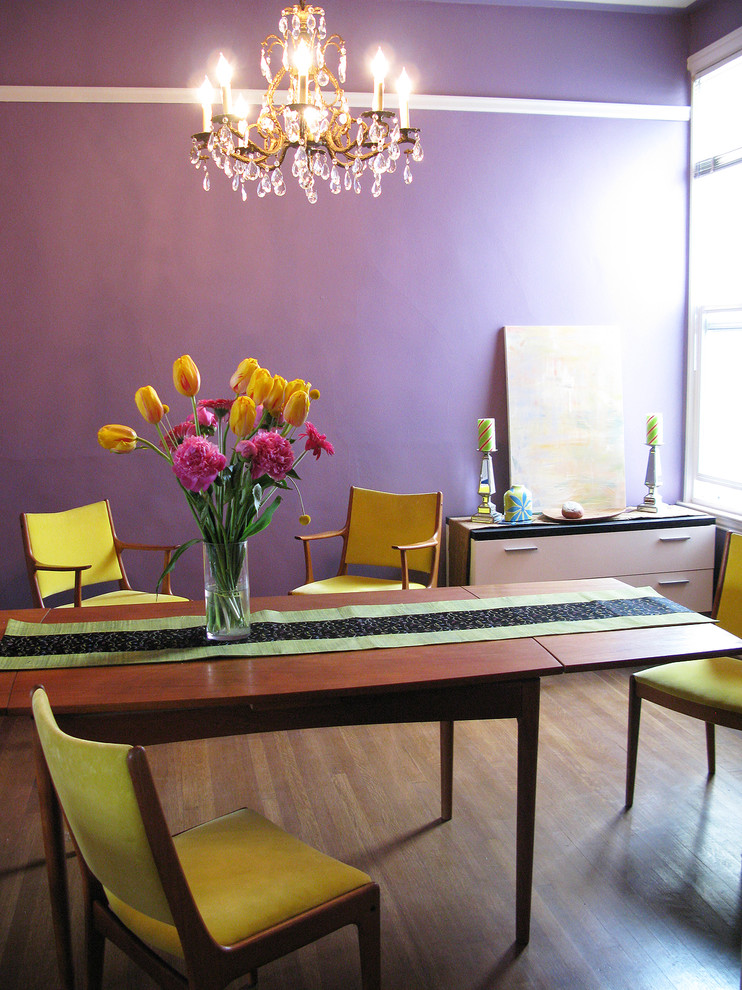 Photo of a mid-sized eclectic separate dining room in San Francisco with purple walls, no fireplace, purple floor and light hardwood floors.