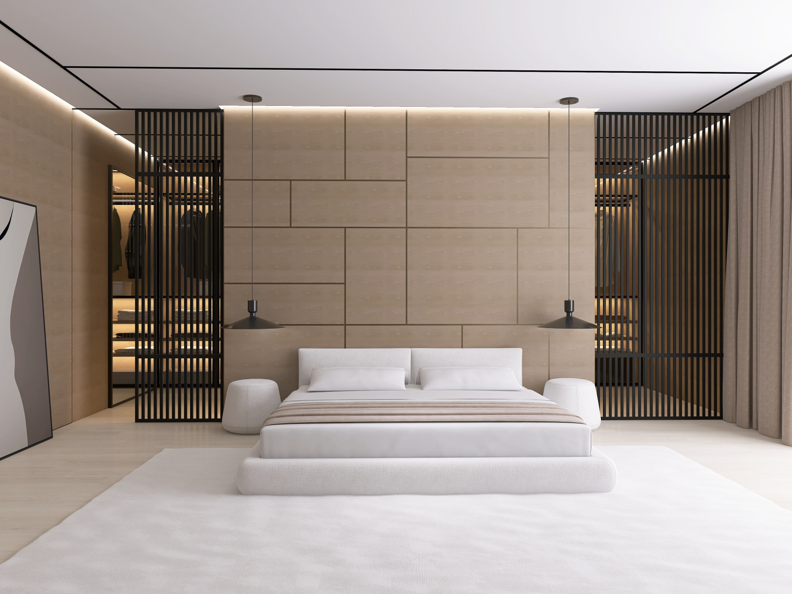 Мастер-блок с собственным гардеробом, необычным полками для книг и ковром на всю