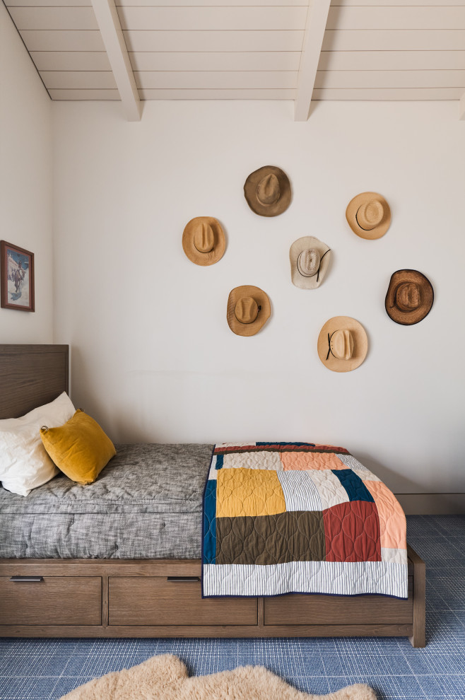Hill Country Village Legacy Home - Bedroom and mid-sized transitional boy carpeted, blue floor and vaulted ceiling kids' bedroom photo in Austin with white walls