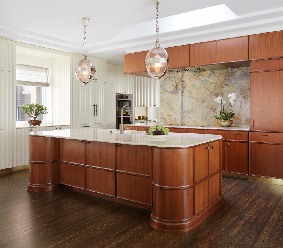 Inspiration for a huge transitional open concept kitchen remodel in Chicago with flat-panel cabinets, medium tone wood cabinets, solid surface countertops, multicolored backsplash, stone slab backsplash, stainless steel appliances and an island