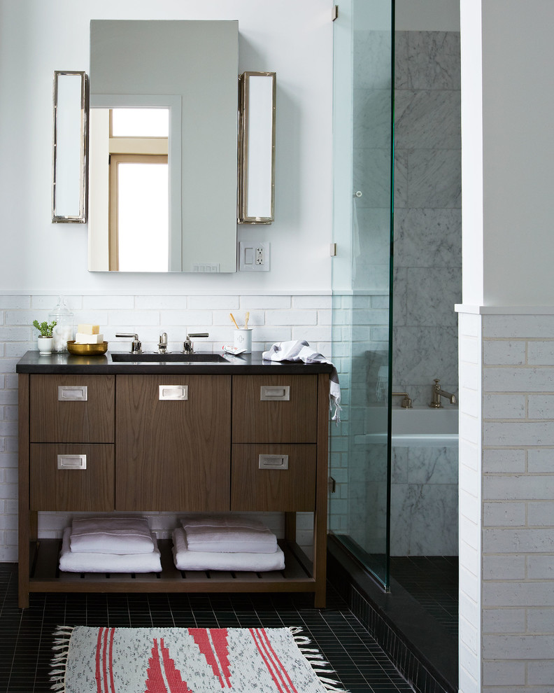 Inspiration for a contemporary bathroom in New York with dark wood cabinets, an open shower, gray tile, white tile, white walls and an open shower.