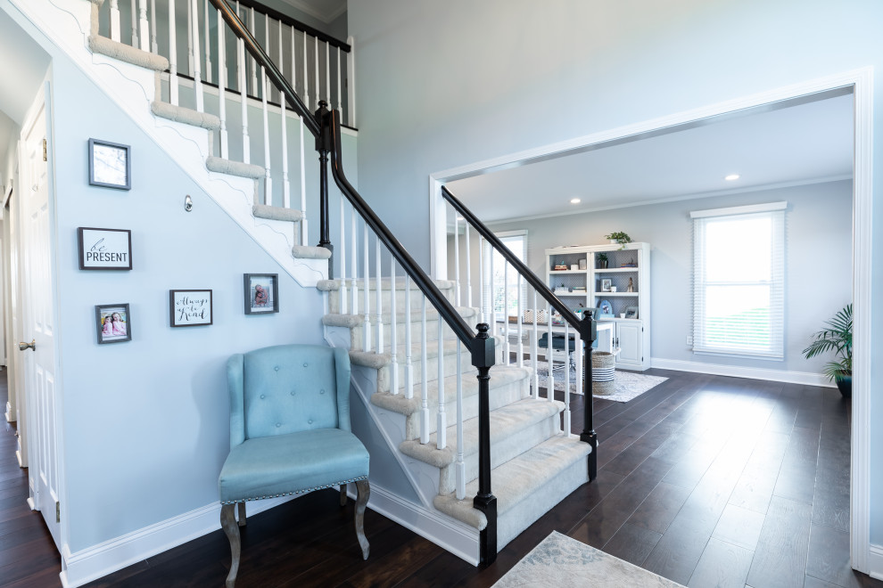 Photo of a mid-sized traditional foyer in Philadelphia with blue walls, medium hardwood floors and brown floor.