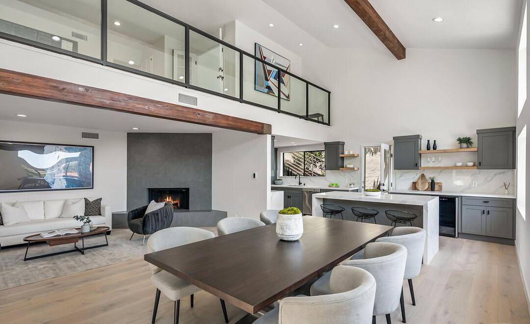 Dining, Family Room and Kitchen areas with Family Room on Second Floor
