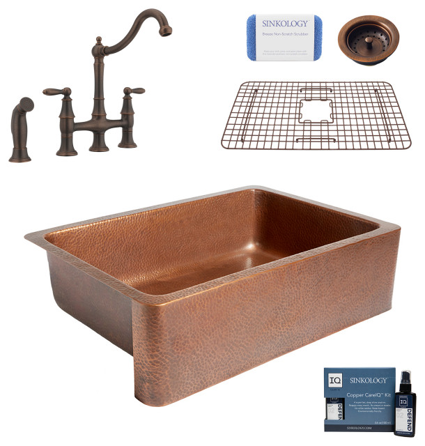 Adams 33" Farmhouse Copper Kitchen Sink, Bridge Faucet and Strainer Drain