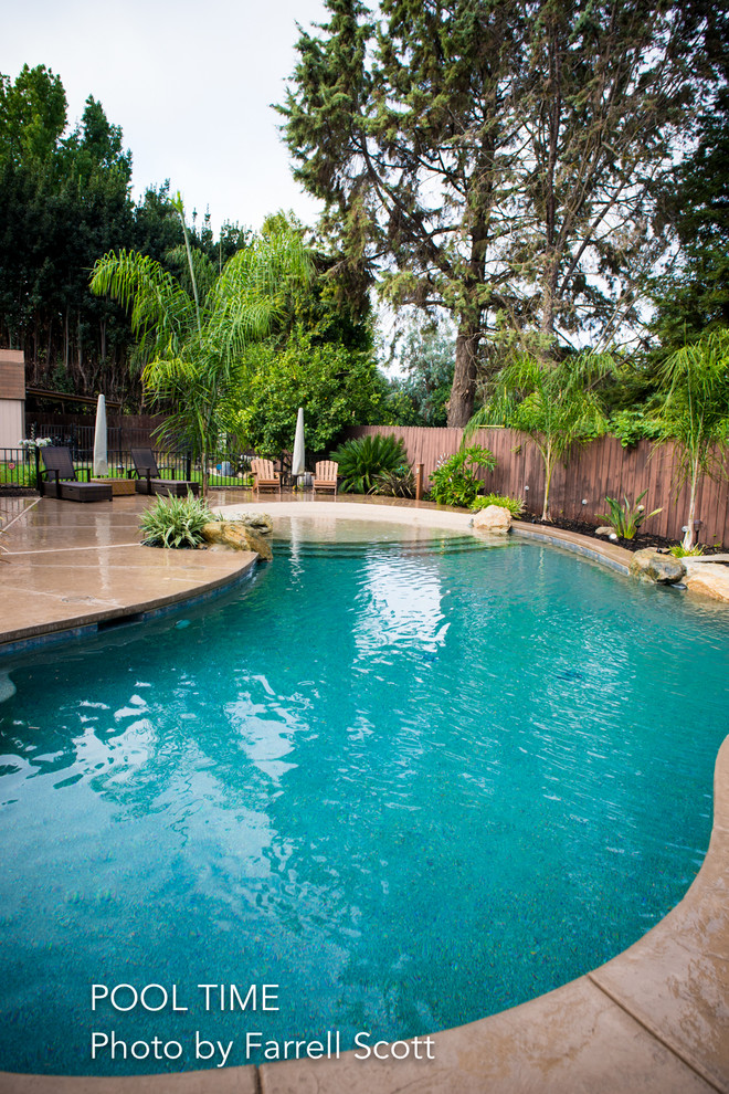 This is an example of a large traditional backyard custom-shaped pool in Sacramento with a water feature and stamped concrete.