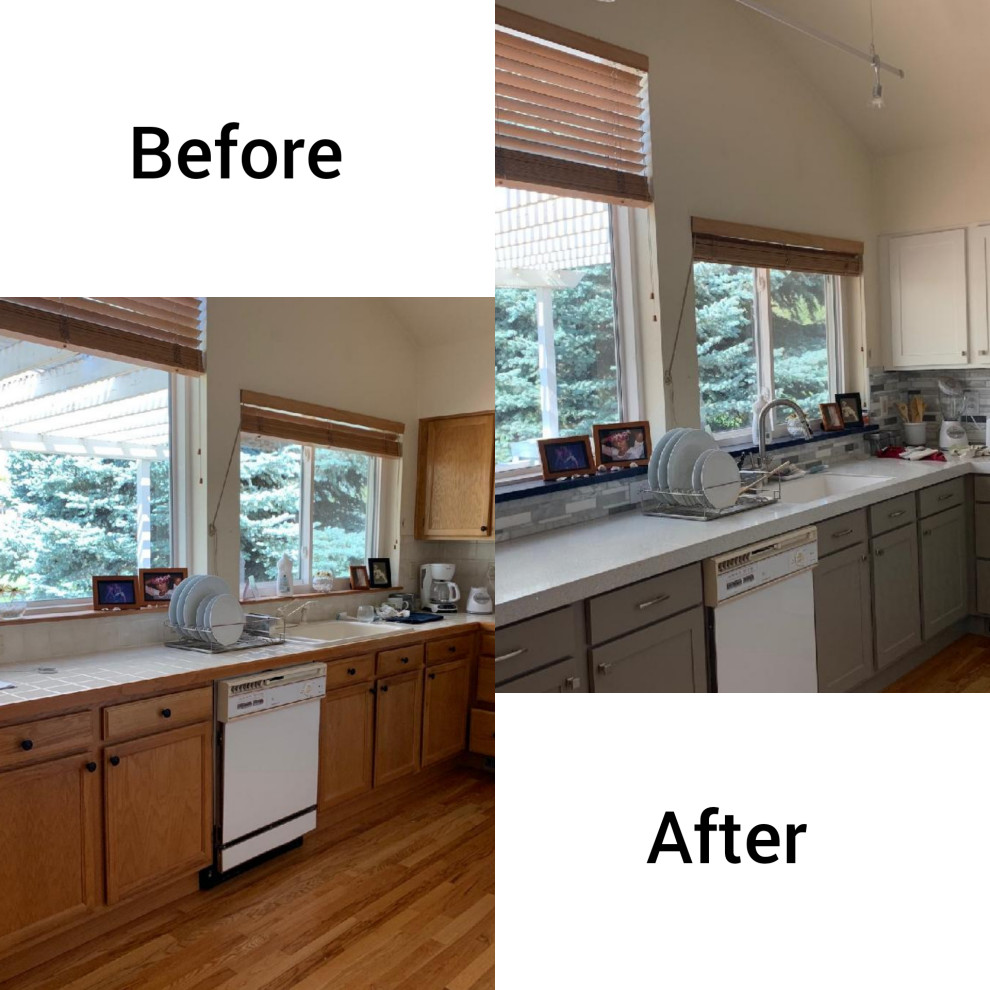 Eat-in kitchen - mid-sized traditional l-shaped eat-in kitchen idea in Denver with an undermount sink, shaker cabinets, quartz countertops, gray backsplash, stone tile backsplash, white appliances and white countertops