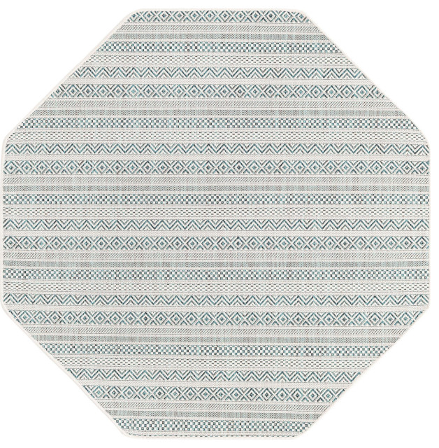 Rug Unique Loom Outdoor Striped Teal Octagon 5' 3 x 5' 3 Scandinavian