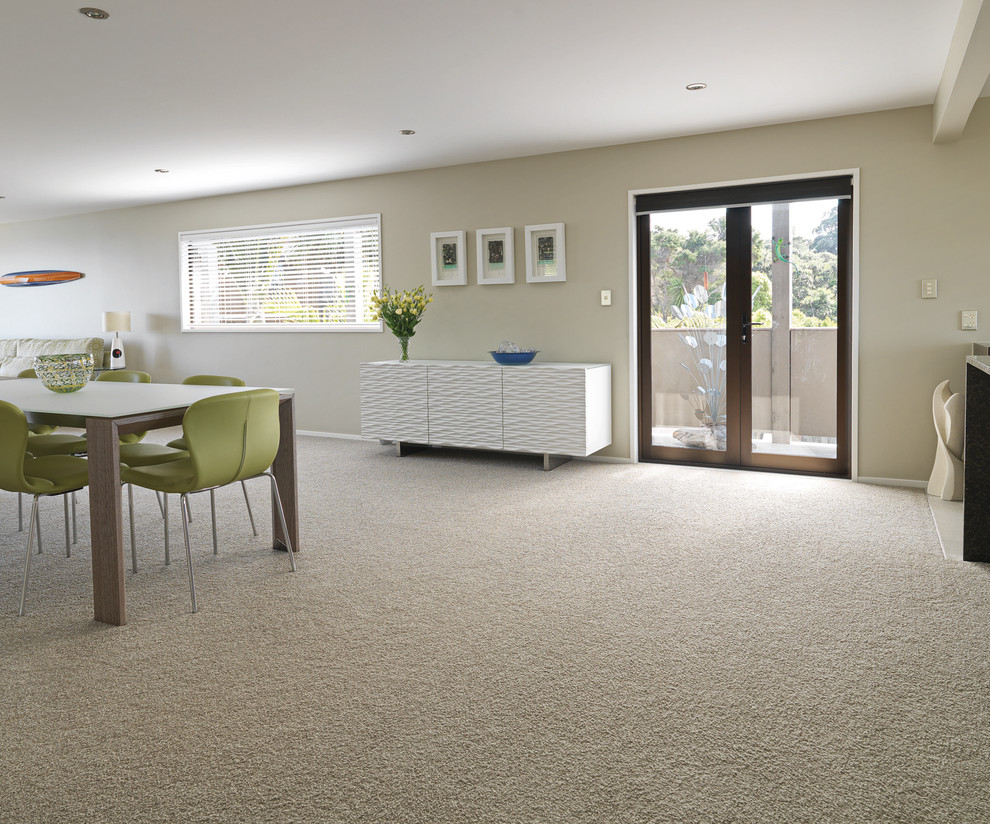 Transitional open plan dining in Auckland with beige walls and carpet.