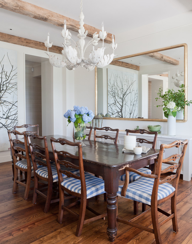 Photo of a beach style dining room in New York with white walls and dark hardwood floors.