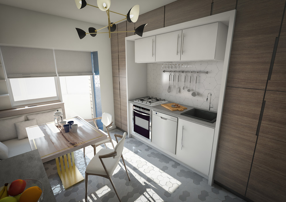 Mid-sized minimalist galley ceramic tile enclosed kitchen photo with a single-bowl sink, beaded inset cabinets, dark wood cabinets, concrete countertops, blue backsplash, ceramic backsplash, black appliances and no island