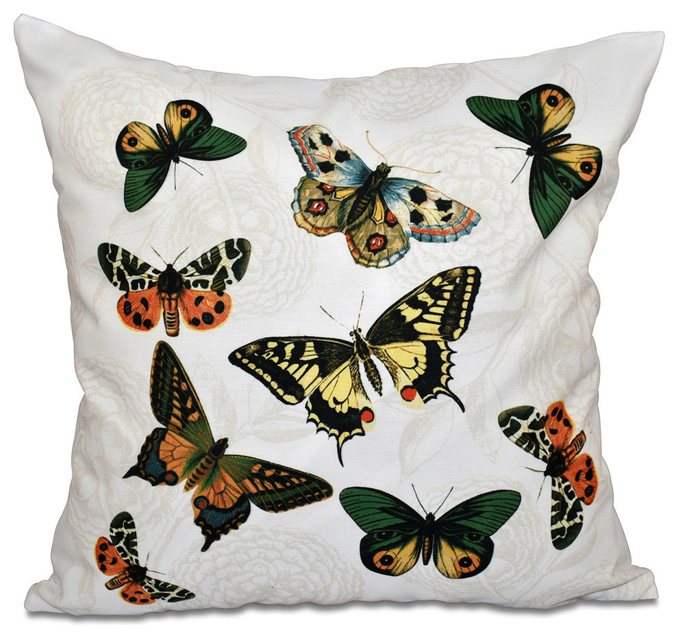 Antique Butterflies And Flowers, Animal Print Pillow, White, 20"x20"