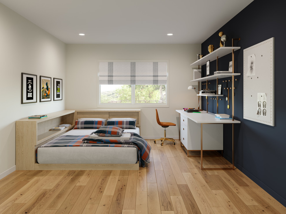 Idee per una grande camera degli ospiti moderna con pareti multicolore, pavimento in legno massello medio e pavimento beige