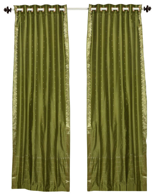 Olive Green Ring Top  Sheer Sari Curtain / Drape / Panel   - 60W x 108L - Piece