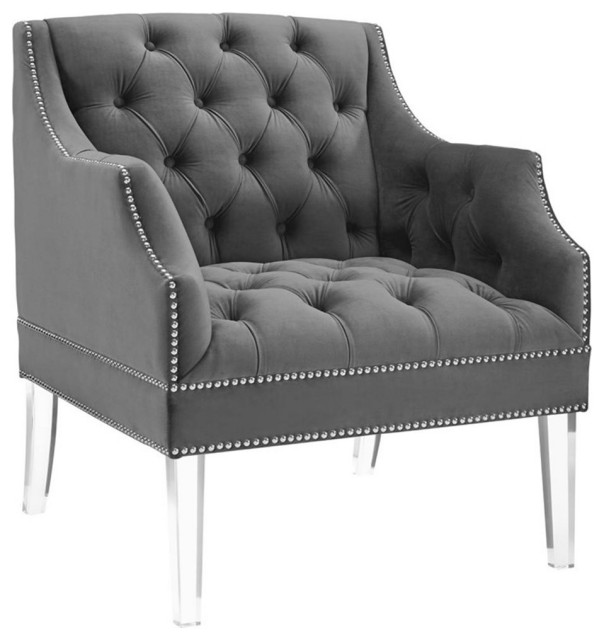 Modway Proverbial Tufted Button Performance Velvet Accent Armchair in Gray