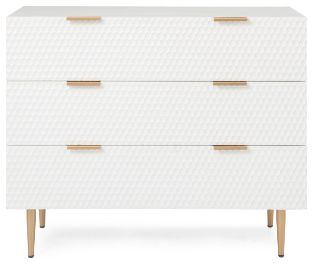 Modern Dresser, 3 Drawers With Geometric Textured Front & Golden Knobs