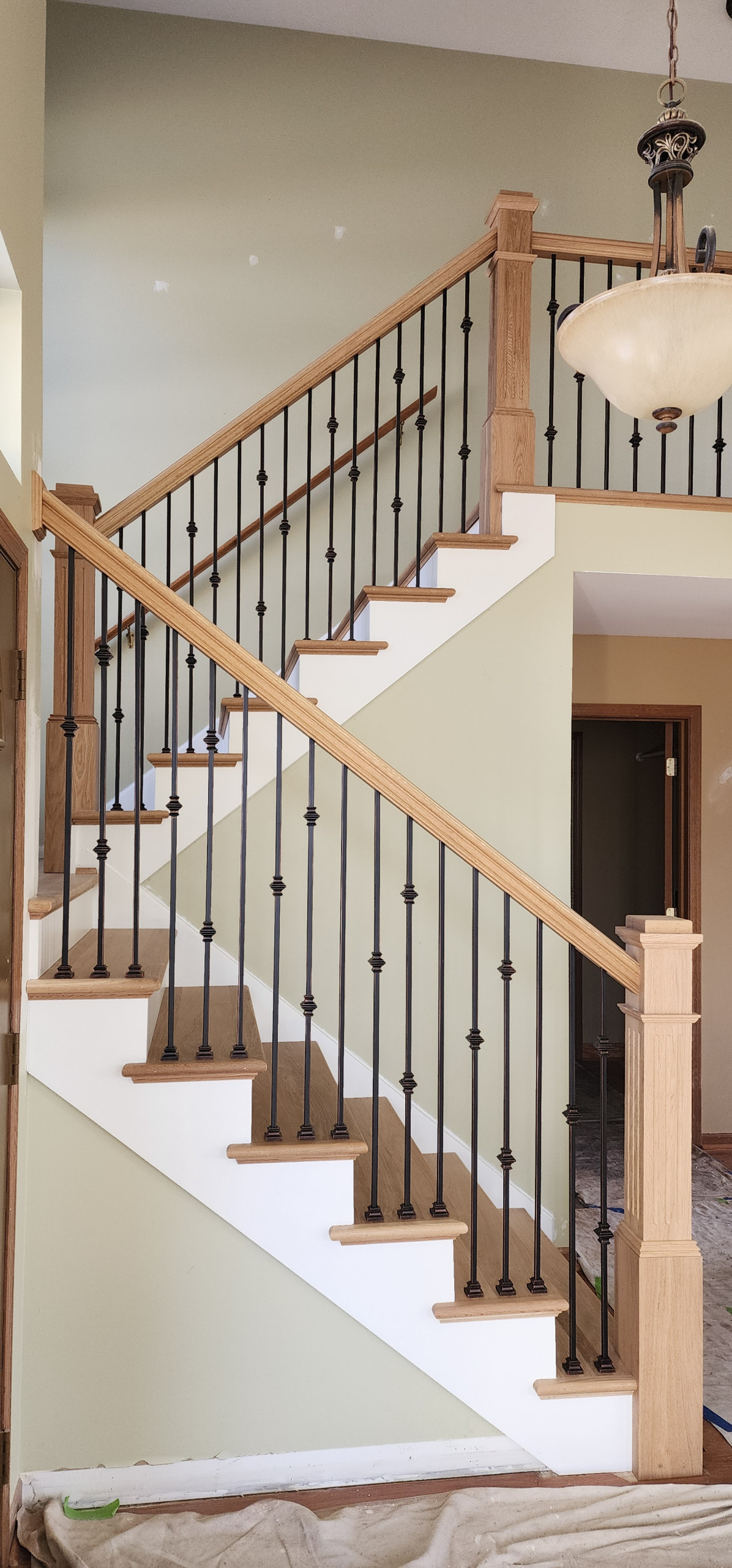Opened Walls & Stringers, Box Newel White Oak Staircase with Iron