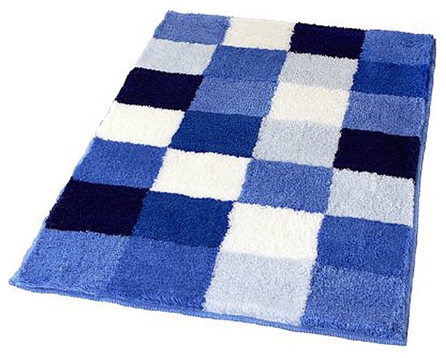Blue Checker Pattern Rich Multi Color Plush Bathroom Rug, Caro