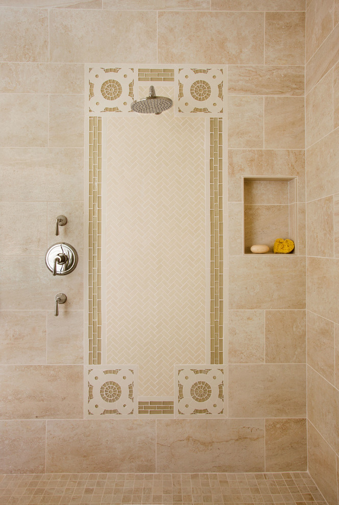 This is an example of a large traditional master bathroom in Portland with a double shower, beige tile, ceramic tile and ceramic floors.