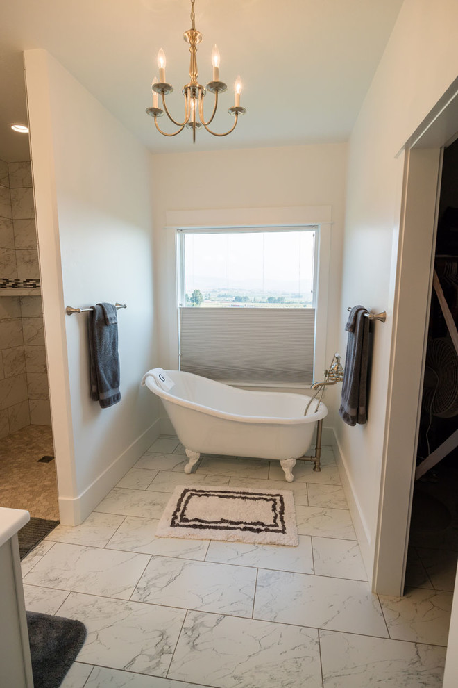 Photo of a large country master bathroom in Other with shaker cabinets, grey cabinets, a claw-foot tub, a curbless shower, a two-piece toilet, gray tile, white walls, porcelain floors, a vessel sink, marble benchtops, grey floor, an open shower and porcelain tile.