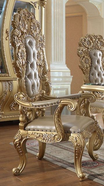 Victorian Style Metallic Antique Gold Finish 9 Piece Formal Dining Table Set Transitional Armchairs And Accent Chairs By Solrac Furniture