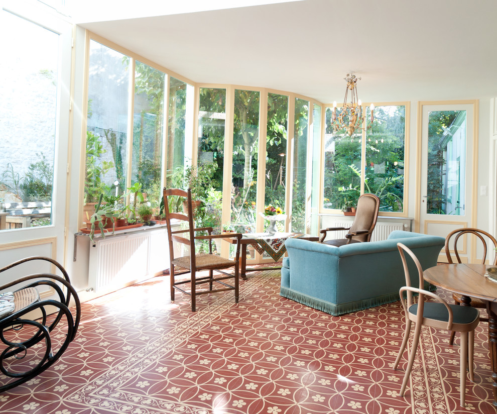 Design ideas for a large country sunroom in Other with ceramic floors, no fireplace and a standard ceiling.