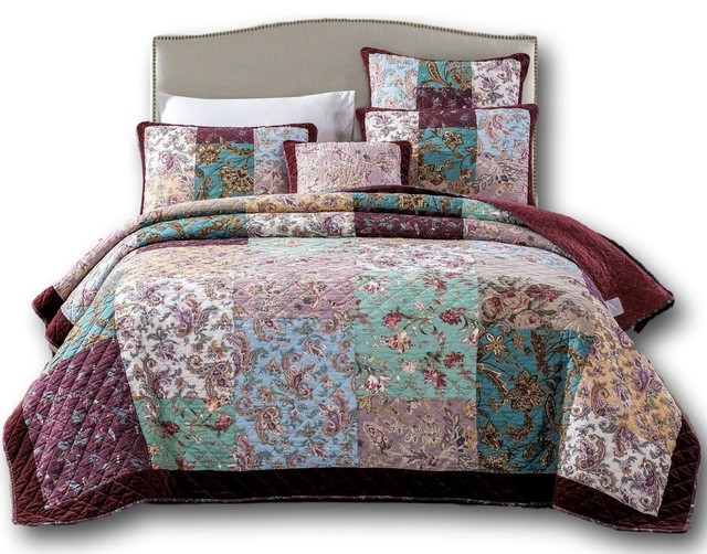 Bohemian Burgundy Red Velvet Trim Floral Paisley Patchwork Bedspread Set -  Mediterranean - Quilts And Quilt Sets - by DaDa Bedding Collection | Houzz