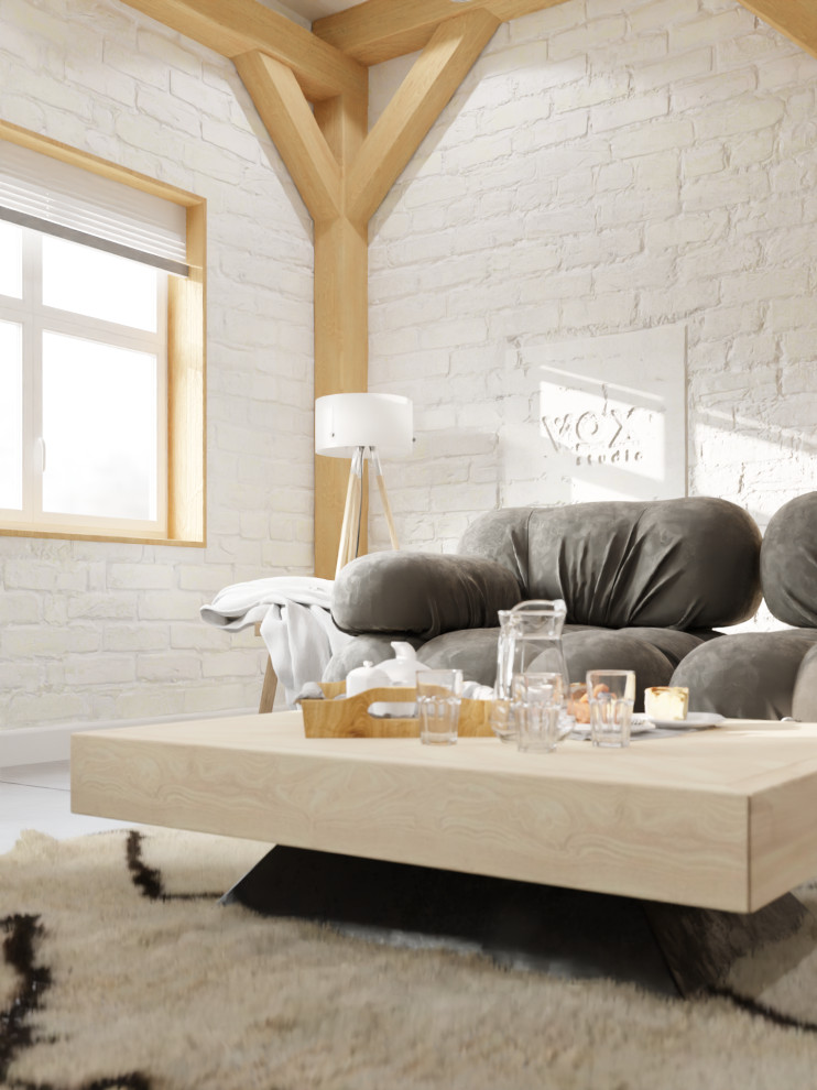 Idee per un piccolo soggiorno scandinavo aperto con pareti bianche, pavimento in cemento, nessuna TV, pavimento grigio, soffitto in perlinato e pareti in mattoni