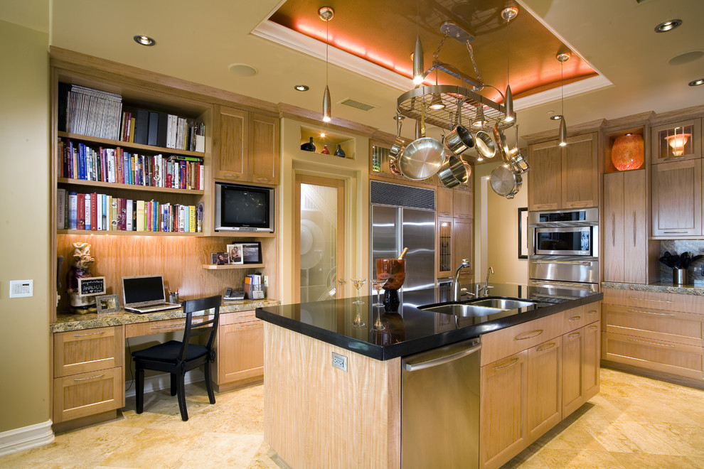 This is an example of a large contemporary u-shaped open plan kitchen in Orange County with a double-bowl sink, shaker cabinets, light wood cabinets, granite benchtops, stone slab splashback, stainless steel appliances, travertine floors, with island and beige floor.
