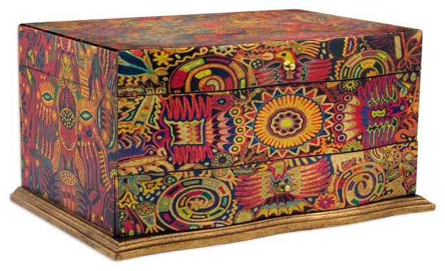 Huichol Enchantment Decoupage Jewelry Box, Mexico - Southwestern 