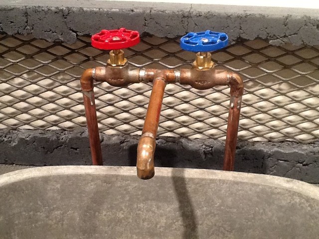 Jesco Vanity With Washtub Vessel Sink And Raw Copper Faucet