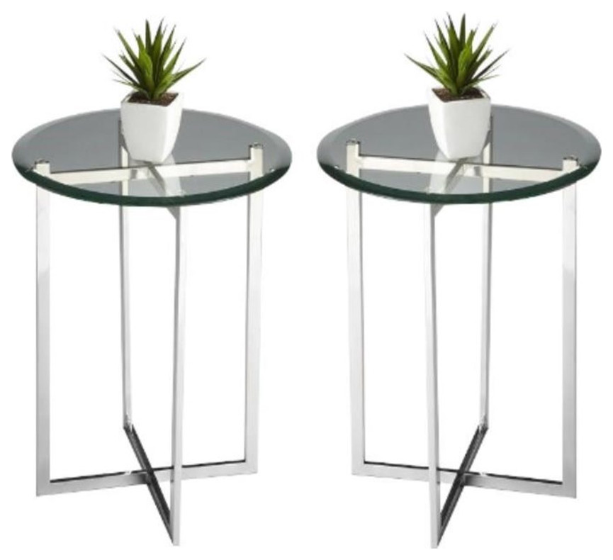 Home Square Glass Top Accent Table in Silver Finish Set of 2 Contemporary Side Tables And