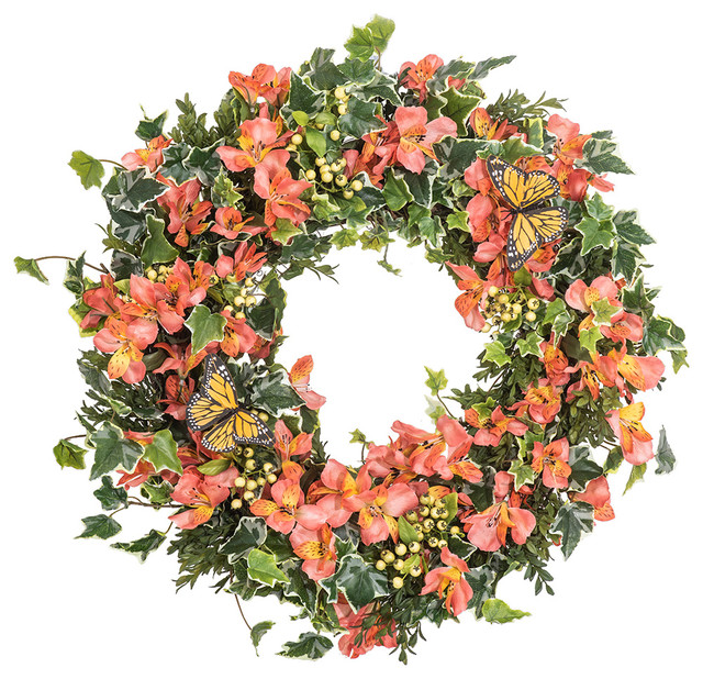 Orange Yellow Alstroemeria Floral Berry and Ivy Monarch Butterfly Wreath, 26"