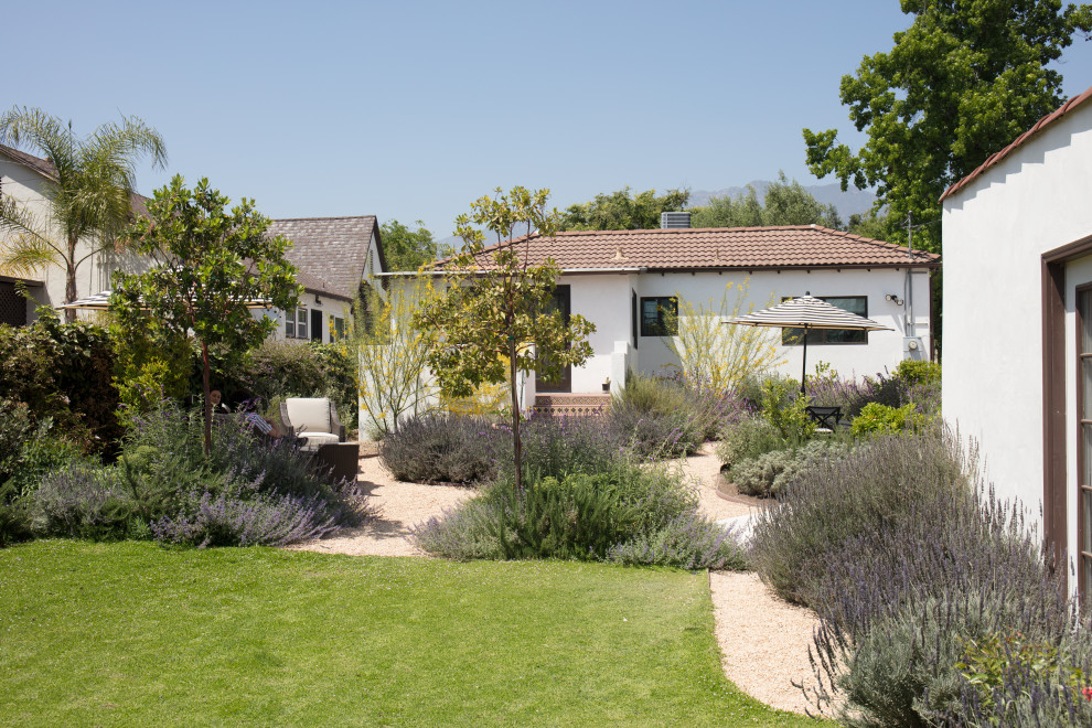 Immagine di un giardino mediterraneo esposto in pieno sole dietro casa con un ingresso o sentiero