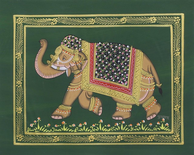 Green Majestic Elephant Miniature Painting