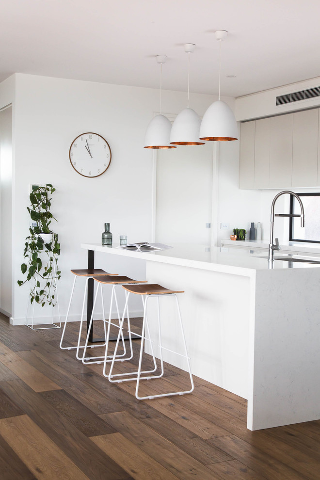 This is an example of a contemporary kitchen in Melbourne with a double-bowl sink, flat-panel cabinets, white cabinets, window splashback, dark hardwood floors and with island.