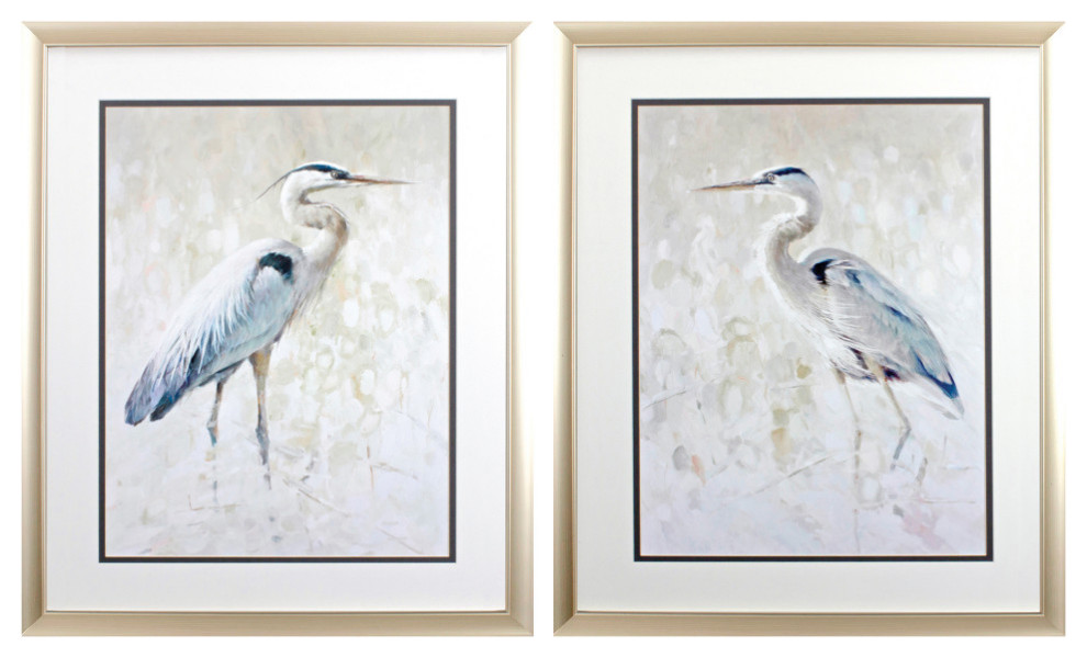 Great Blue Heron Wall Art, 2Piece Set Beach Style Prints And