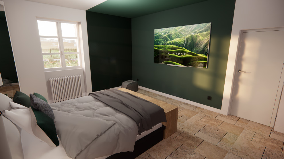 Inspiration pour une chambre design de taille moyenne avec un mur vert, aucune cheminée et un sol beige.