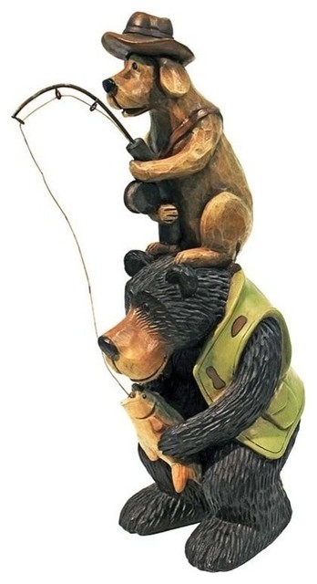Fishing Buddies, Black Bear and Dog Fishing Statue
