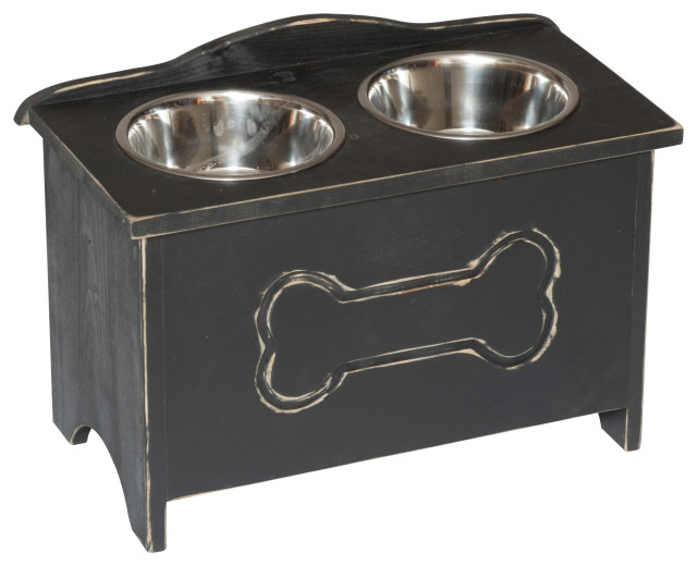 Farmhouse Pine Dog Feeder with Storage Chest Transitional Pet Bowls