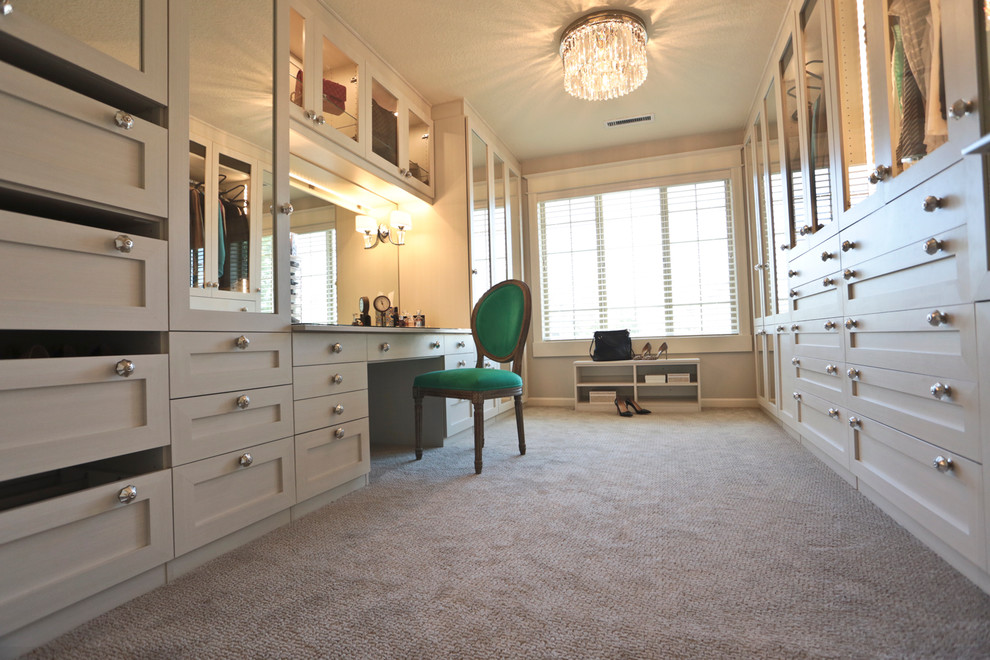 Design ideas for an expansive contemporary women's dressing room in Portland with shaker cabinets, grey cabinets and carpet.