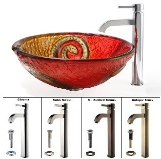 Kraus Copper Snake Glass Vessel Sink and Ramus Faucet Satin Nickel